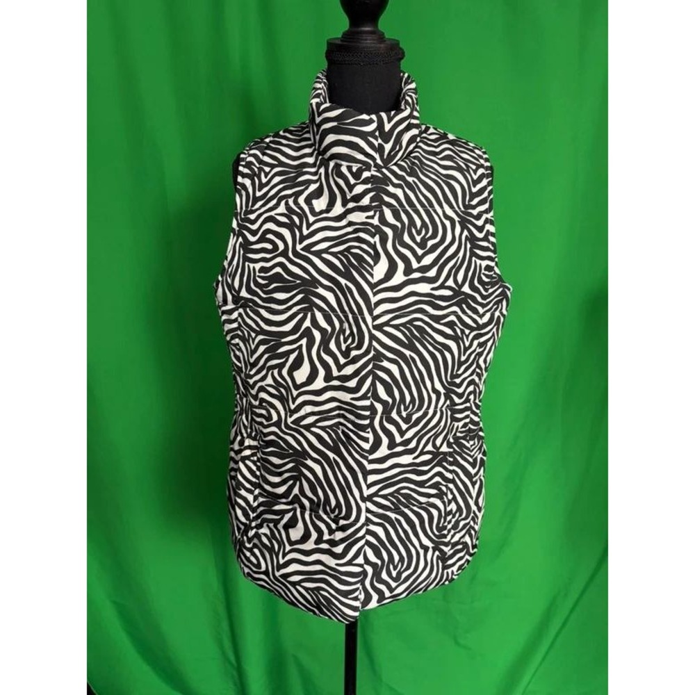 Liz Claiborne Womens M Zebra Print Quilted Puffer Vest Black White Snap